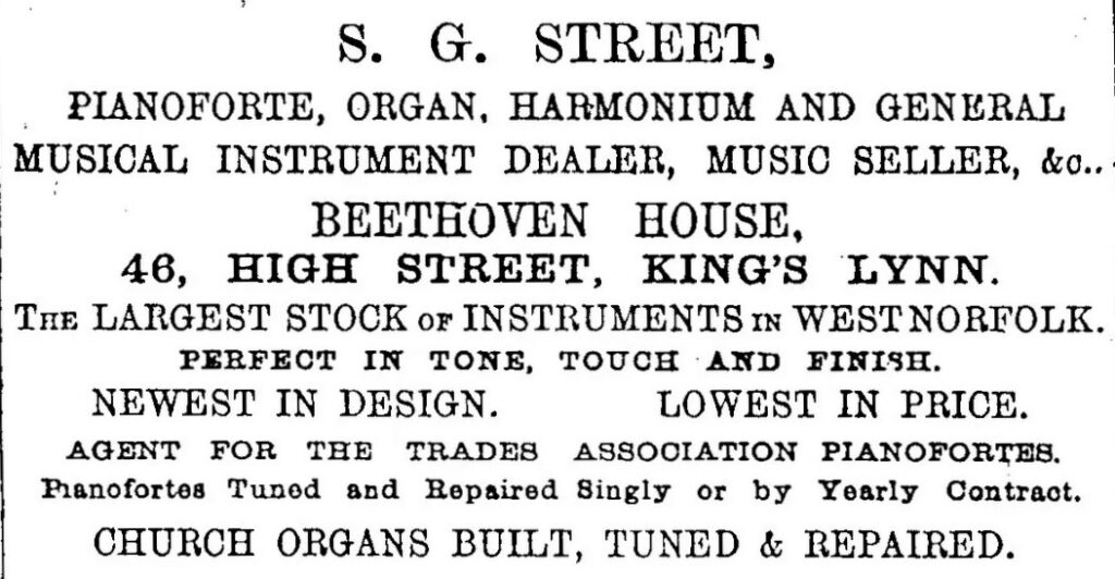 Advert, S. G. Street, Kings Lyn.