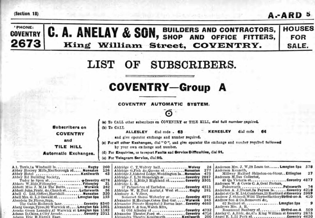 Coventry Telephone Directory 1928, entry for C A Anelay.