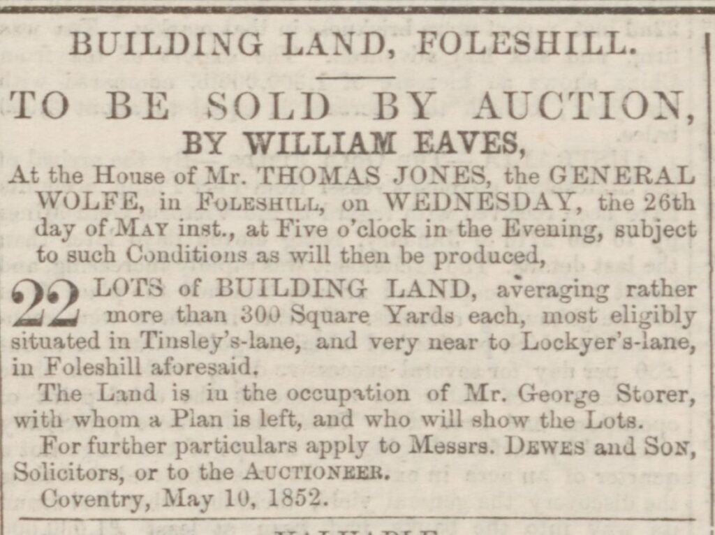 Building Land sale, Foleshill 1852.